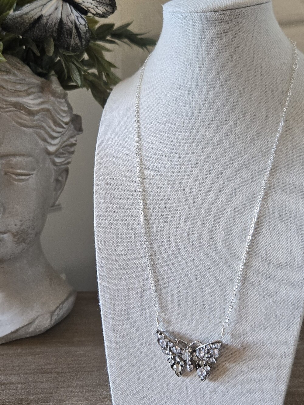 Vtg 50s 60s Rhinestone Butterfly Necklace, Cable Chain, 13-19" Adustable